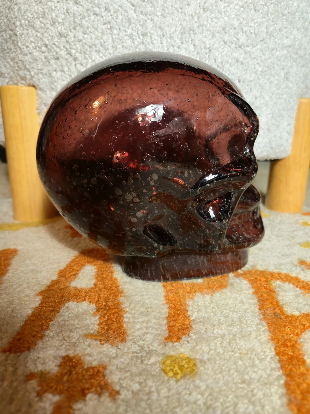 Vintage Dark Amber Glass Skull Head Sculpture • Translucent Crimson Resin NWT